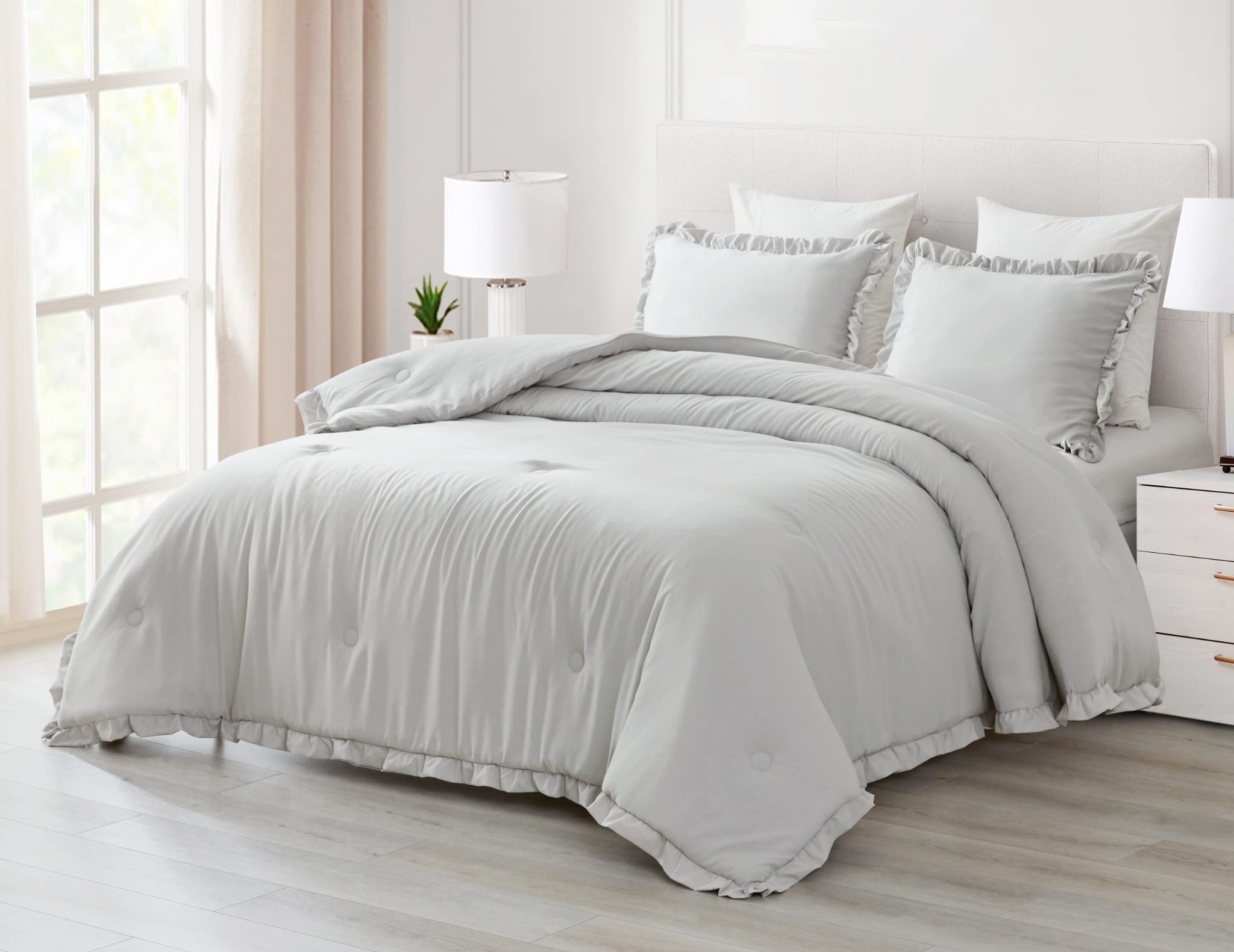 Chezmoi Collection Nora 2-Piece Ruffled Edge Trim Soft Washed Microfiber Comforter Set (Twin, Light Gray)