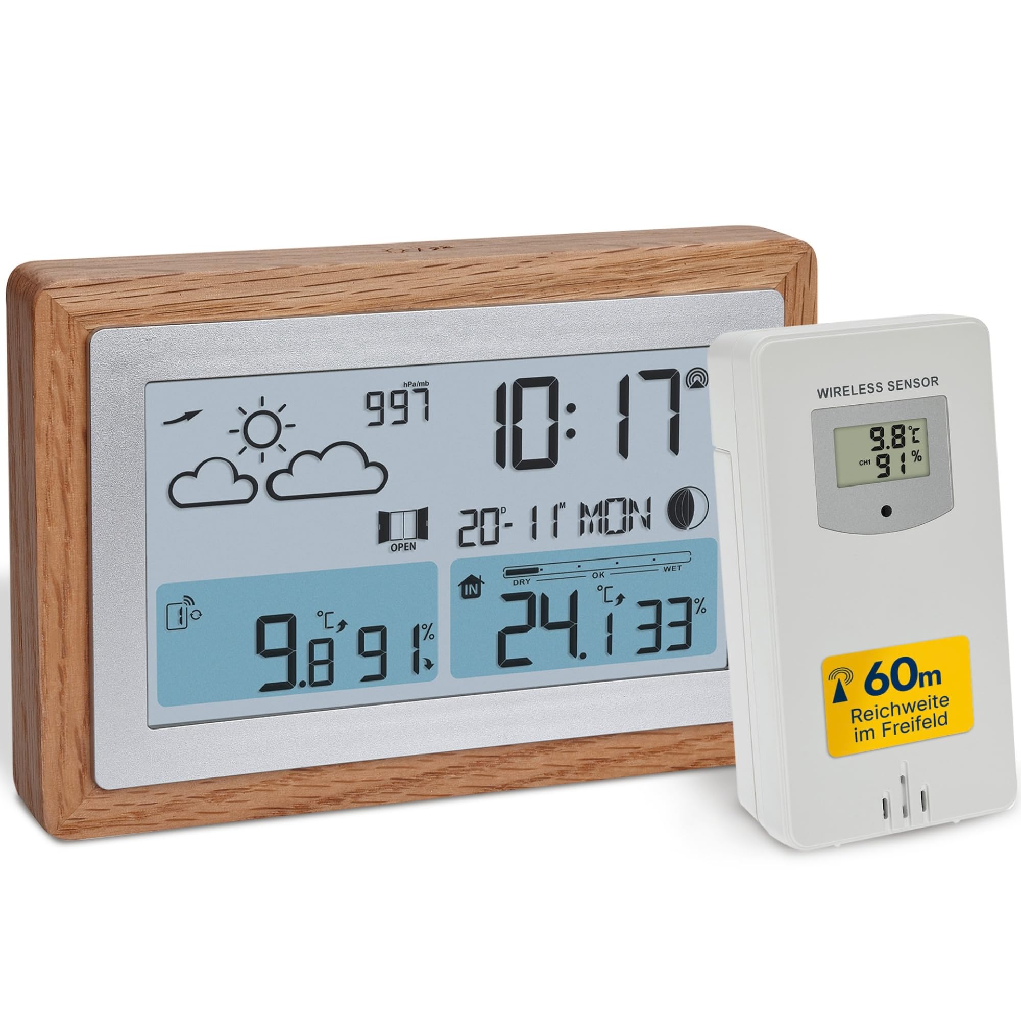 TFA Dostmann Funk-Wetterstation mit Außensensor OAK, 35.1167.54, Wettervorhersage, mit Holz-Rahmen, Innen- und Außentemperatur, Lüftungsempfehlung, dimmbar, inkl Wecker, digital, braun