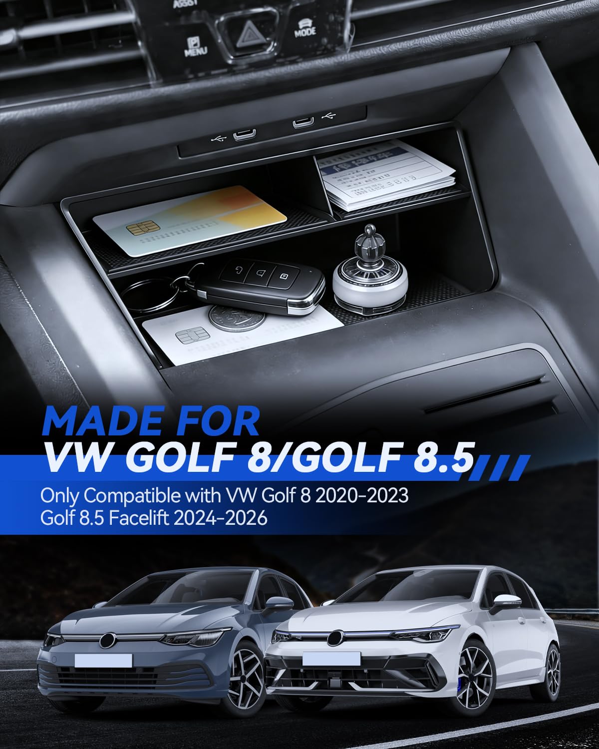 Set di 2 organizzatori per VW Golf 8.5 8 2020 – 2025, contenitore per braccioli + organizer per console centrale, VW Golf GTI, GTE, bracciolo centrale R-Line, accessori per vano portaoggetti, in
