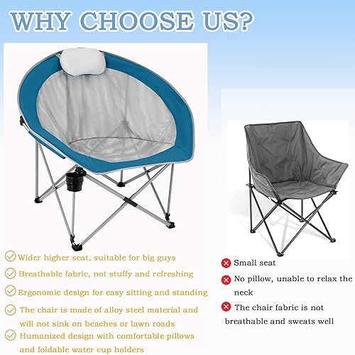 Miniatura 5 de #WEJOY Silla plegable de campamento de gran tamaño para adultos, sillas de malla transpirable con reposacabezas y soporte para tazas de hasta 300