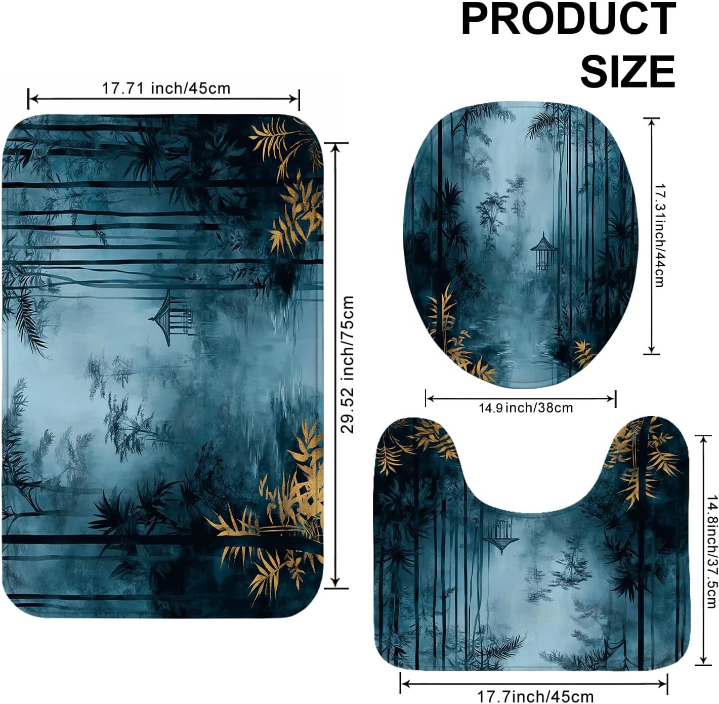 Zen Bathroom Mat Sets 3 Piece, Elegant Bamboo Watercolor Design Absorbent Non Slip Toilet Rugs U Shaped Washable, Tranquil Nature Quick Dry Memory Foam Bathroom Rug Set