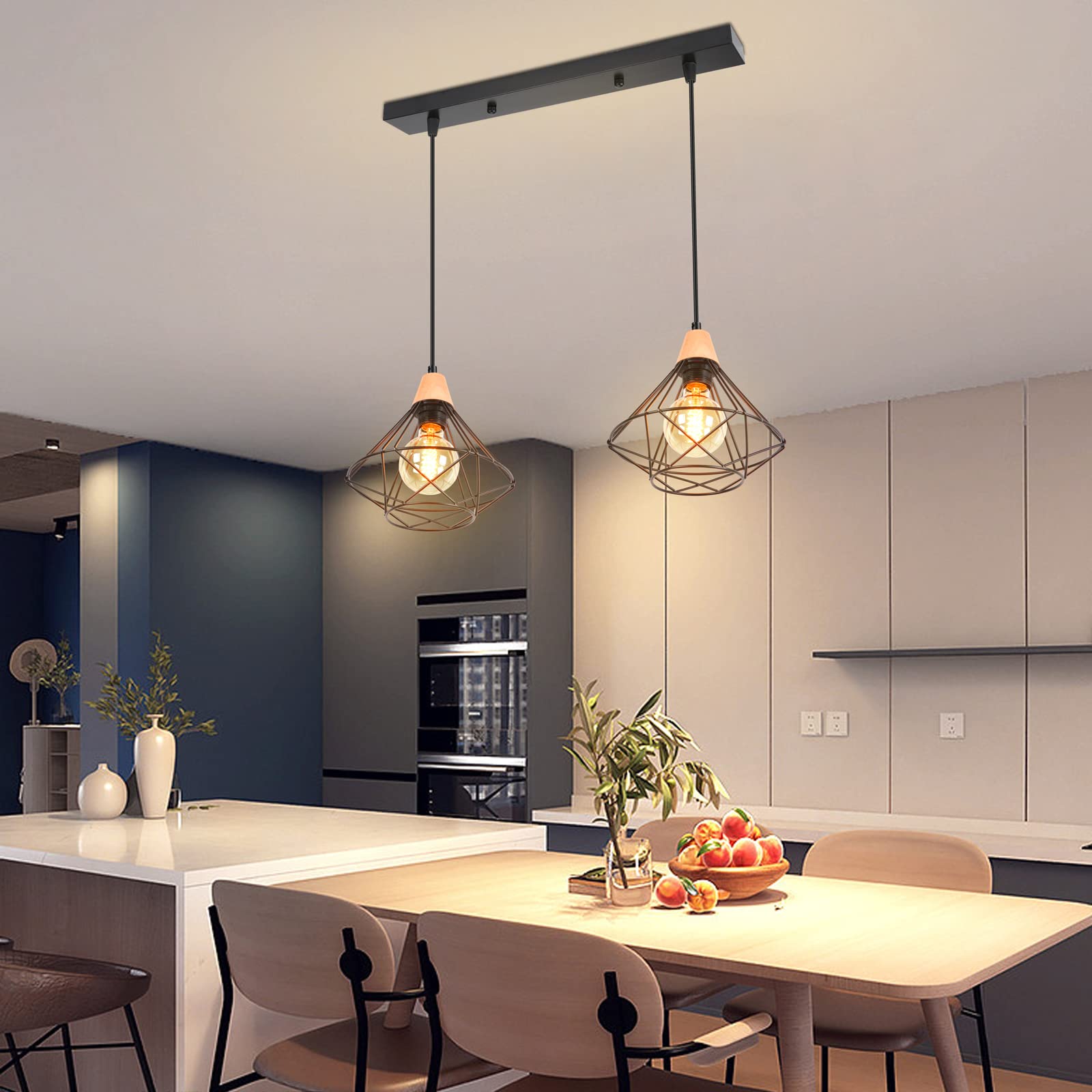 iDEGU 2 Luci Lampadario a Sospensione Vintage Industriale, Lampada da Soffitto in Legno e Metallo Nero Gabbia Geometrica 22cm Retro Lampada a Sospensione Interni per Camera da Letto Cucina (Piatto)