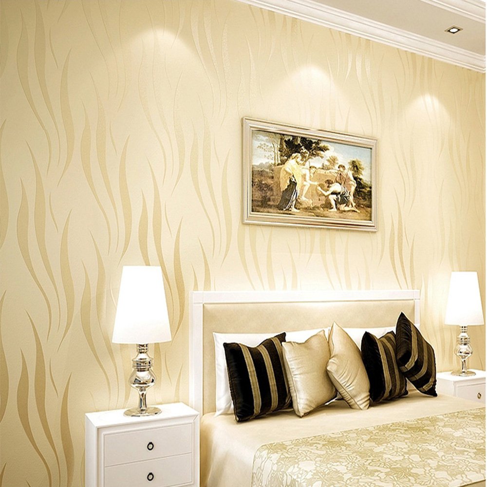 QIHANG 3D Stereoscopic Simple Striped Grass Leaf Thick Flocking Wallpaper Beige Color 0.53m*10m=5.3SQM