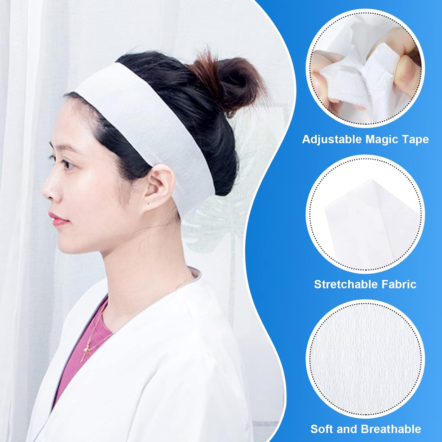 200 Pieces Disposable Spa Facial Headbands Individual Wrapped Elastic Makeup Headband with Adjustable Stretch Non-Woven Soft Skin Care Hair Band with Convenient Closure for Women - Image 3