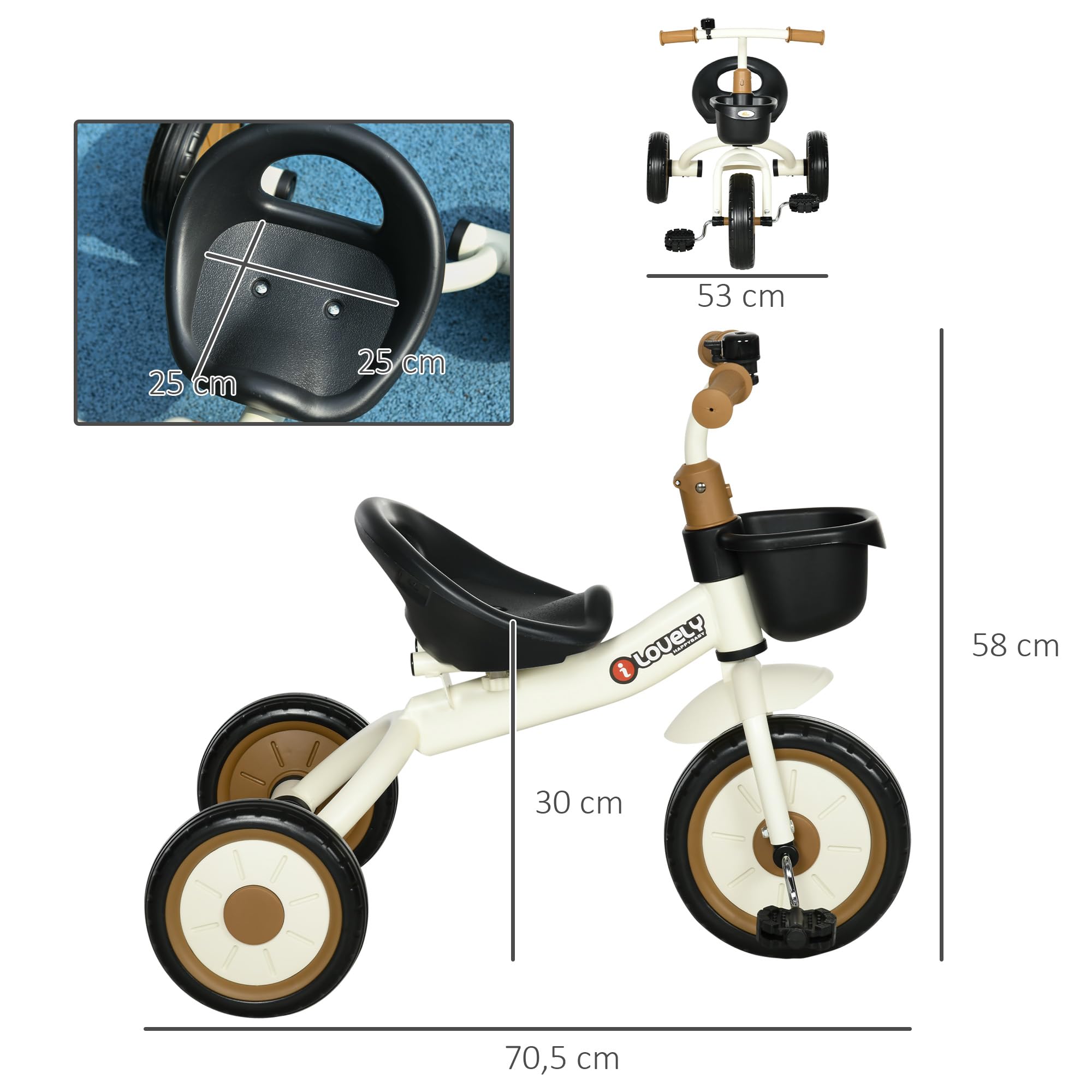 AIYAPLAY Tricycle Enfants avec Sonnette et Panier - Selle réglable avec Dossier - pour Enfant de 2 à 5 Ans Blanc