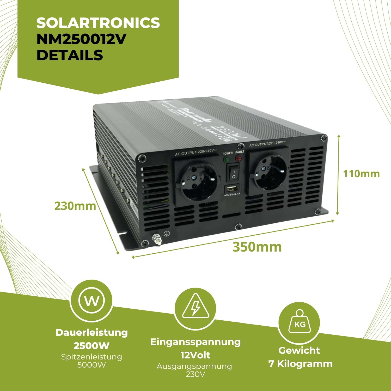 SOLARTRONICS Transformador de tensión NM2500 12 V 2500 W Negro – 5000 W de Potencia máxima – inversor de 12 V a 230 V – Batería de Plomo o AGM Compatible – con Conector Schuko y USB