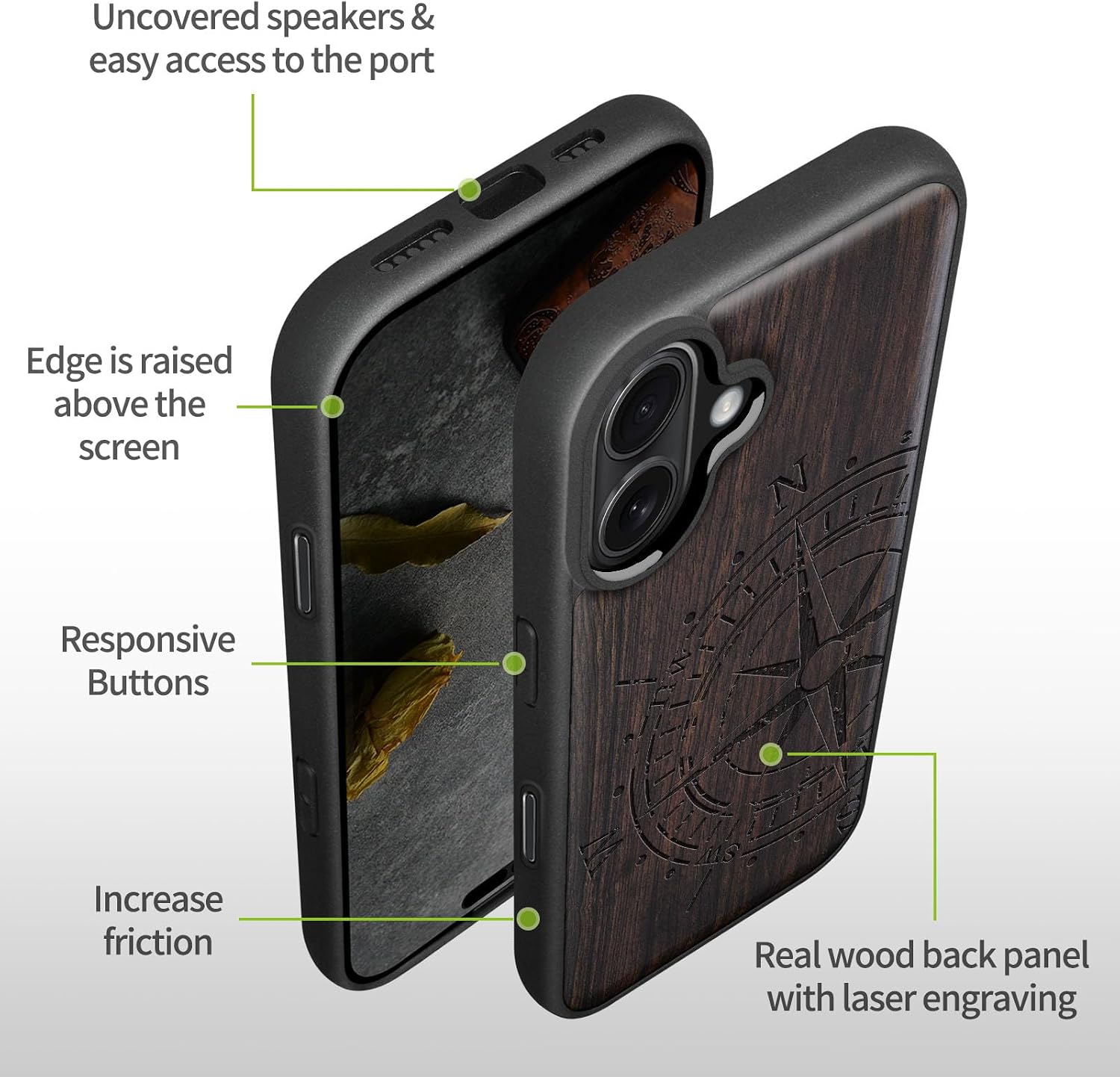 Carveit Magnetic Wooden Case for iPhone 17 Case, Wood Artisan Engraved & Black Soft TPU Shockproof Cover, Compatible with MagSafe Wireless Chargers (The Incomplete Compass) Blackwood