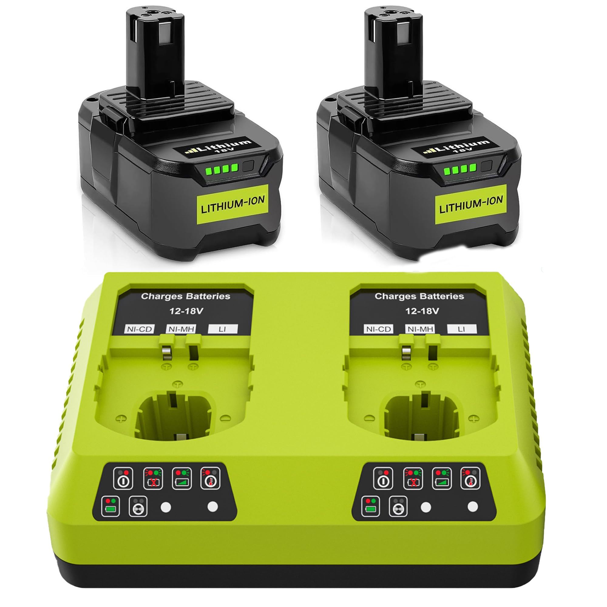 2X P108 18V 5,5Ah Batteries de Remplacement pour Ryobi One+ Chargeur Double Port 6 A Compatible avec RB18L50 RB18L25 RB18L40 RB18L20 RB18L15 RB18L13 P102 P103 P104 P105 P106 P107
