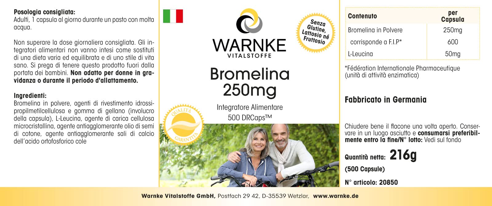 Bromelain 250mg - hochdosiert - 500 Kapseln - schluckfreundlich - Großpackung - vegan - Ananasenzym | Warnke Vitalstoffe - Deutsche Apothekenqualität