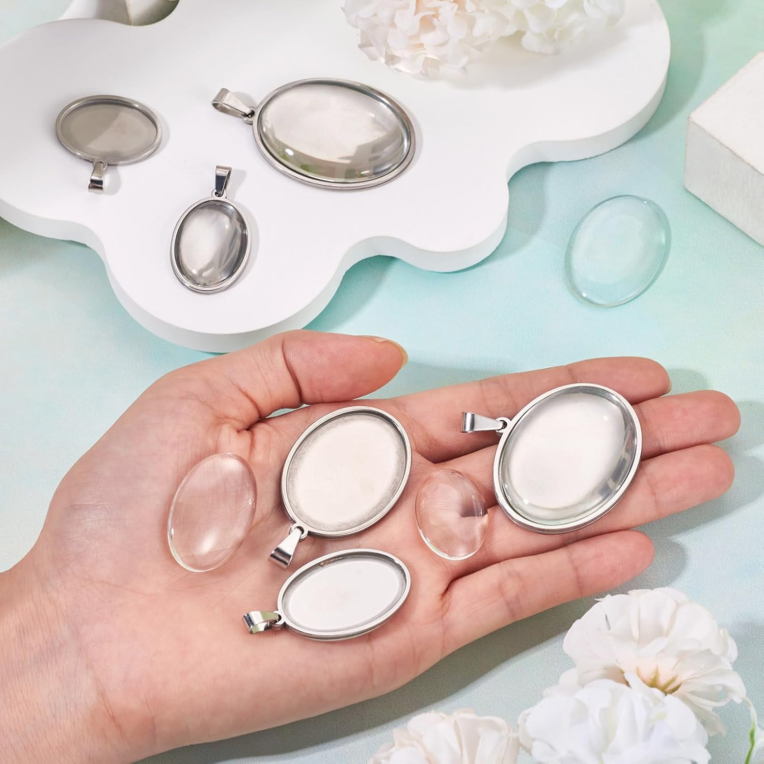 12 Pcs 304 Stainless Steel Pendants Cabochon Settings Vintage Oval Bezel Pendant Trays Blank Bases Pendant with Clear Glass Cabochons for DIY Crafts Photo Jewelry Making Necklace - Image 5