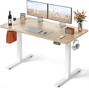 FEZIBO Electric Height Adjustable Standing Desk with digital display control panel, 70x140cm Ergonomic Home Office Table for sit stand with 4 pices Splice Board & Oak Wood Grain Surface