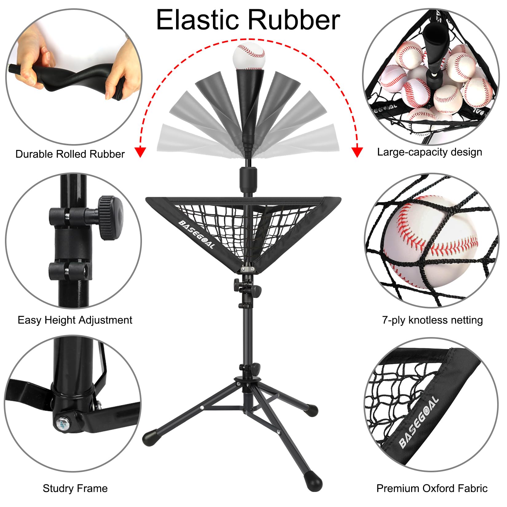 BaseGoal Batting Tee Baseball-T-Shirt, Softball-Reise-T-Shirt, tragbar, Stativ, Gummi-Tee für Schlagtraining, Übungen, mit Baseball-Caddy und Tragetasche