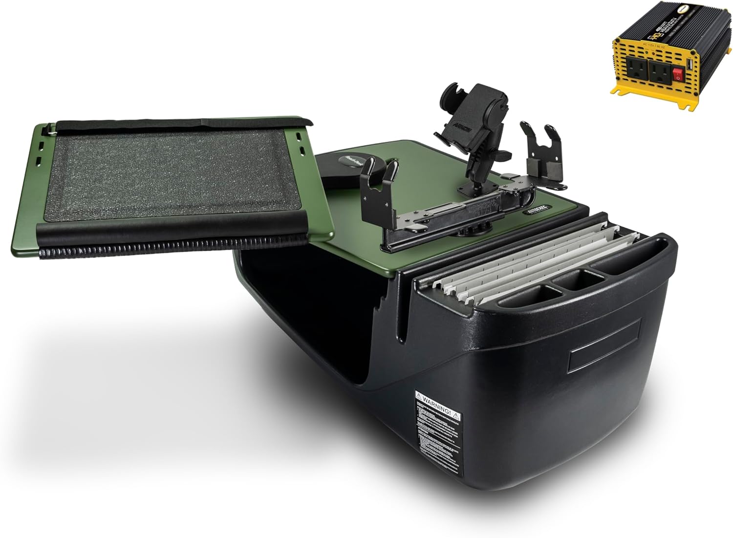 AutoExec Reach Car Desk for Your Vehicle Workstation and Mobile Office, Front Seat Army Green with 400 watt Power Inverter, Printer Stand and Phone Mount