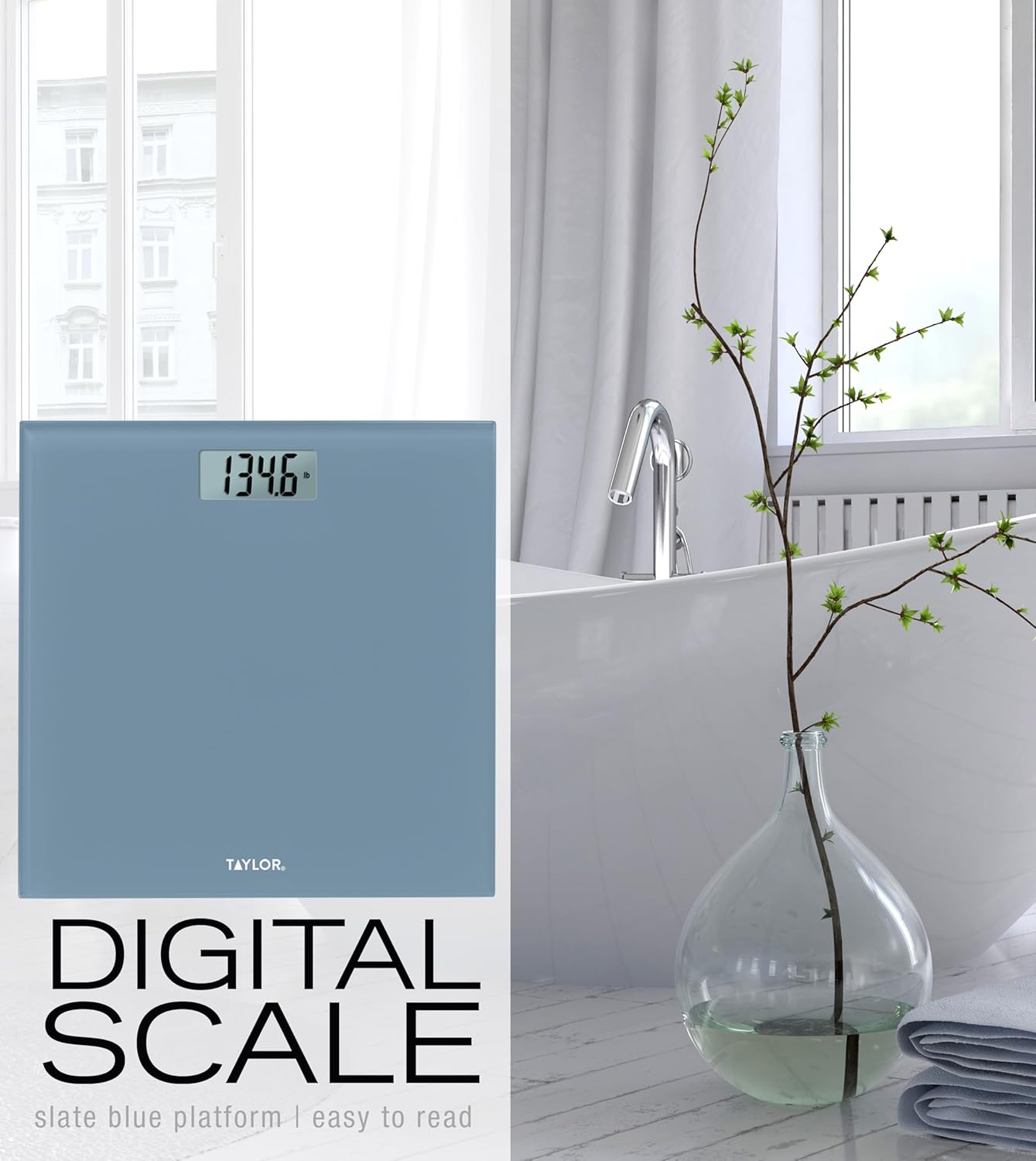 Taylor Digital Glass Bathroom Scale for Body Weight, Durable Platform, Digital Weighing Machine for People, Easy-to-Read Display, 350 lb Capacity, Slate Blue