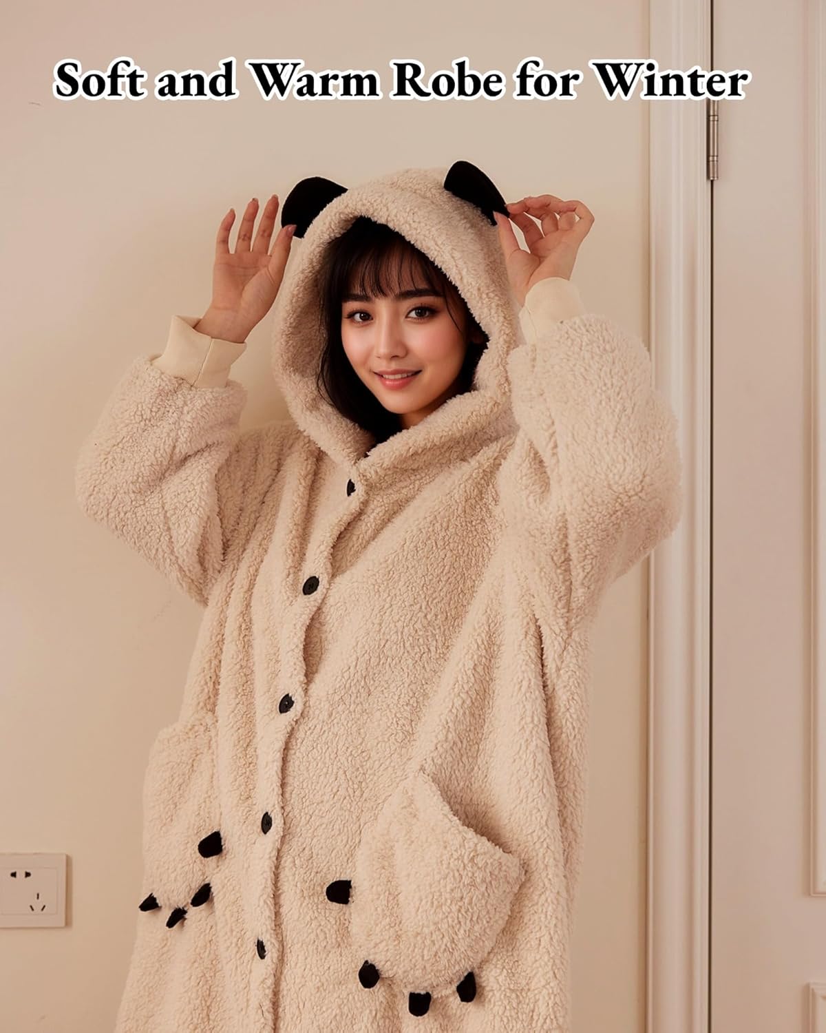 Plush Hooded Bear Cloak Pajamas for Women Winter,Fuzzy Sleep Robe Warm Cozy Fleece Lined Loungewear Christmas