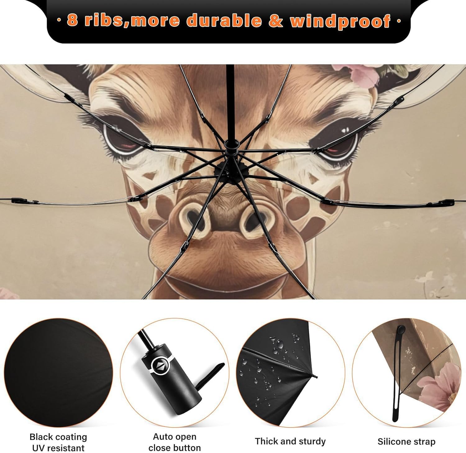 Giraffe Flower UV Protection Travel Umbrella Compact for Rain and Sun - One-Click Automatic Open and Close UPF 50+ Windproof Portable 46” Sun Umbrella for Women Men