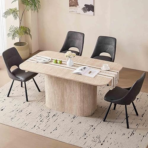 63" Large Dining Table Set for 4, Rounded Corners Farmhouse Modern Rectangle Wood Kitchen Table with Synthetic Leather Chairs Set of 4