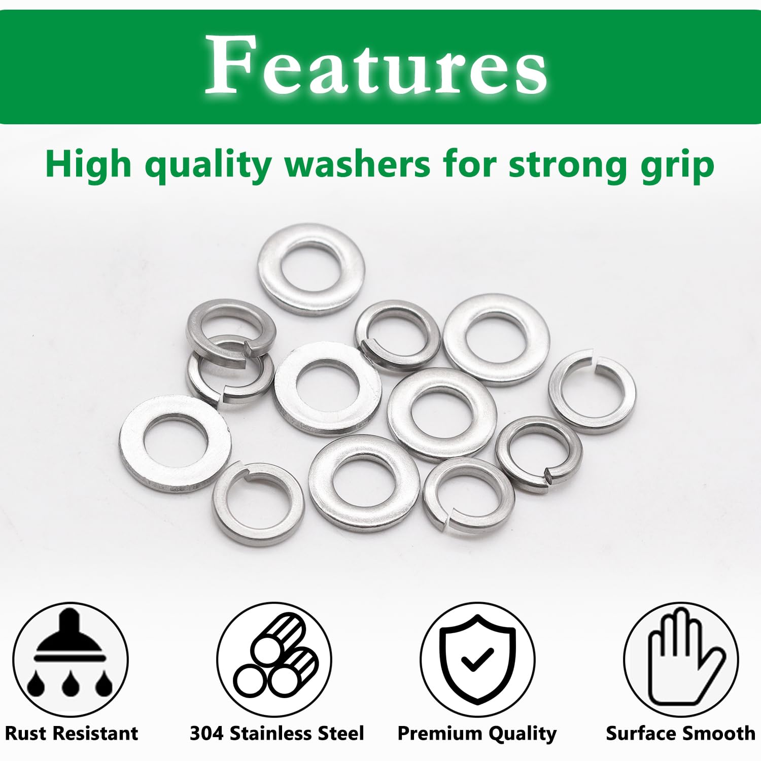 150PCS 1/4" Flat Washer and Spring Lock Washers, 100PCS Spring Lock Washers and 50PCS Flat Washers, 304 Stainless Flat Washers for Screws, 1/4" Washers for Bolts, Lock Washer Set