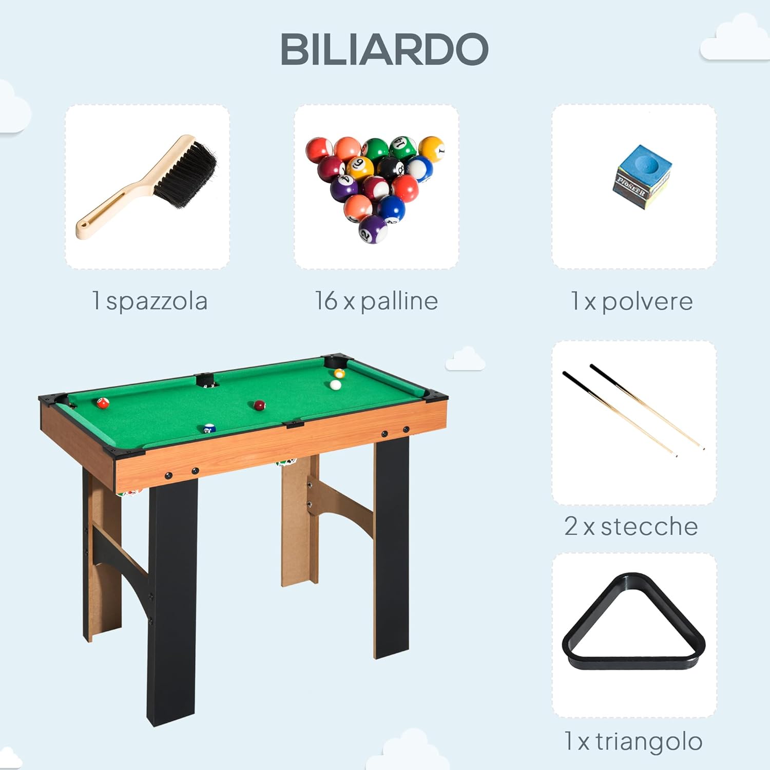 Detailed image of the billiards game mode, showing billiard balls, cues, chalk, and a brush.
