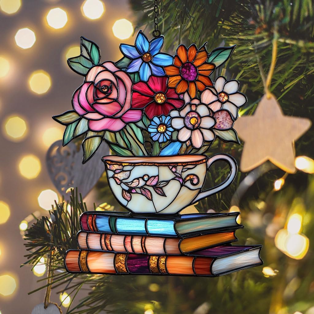Flowers Books and Tea Acrylic Suncatcher Stained Glass Effect Window Car Hanging Christmas Ornament Indoor Outdoor Decor Garden Sun Catcher Panel for Book Lover for Women Mom Grandma