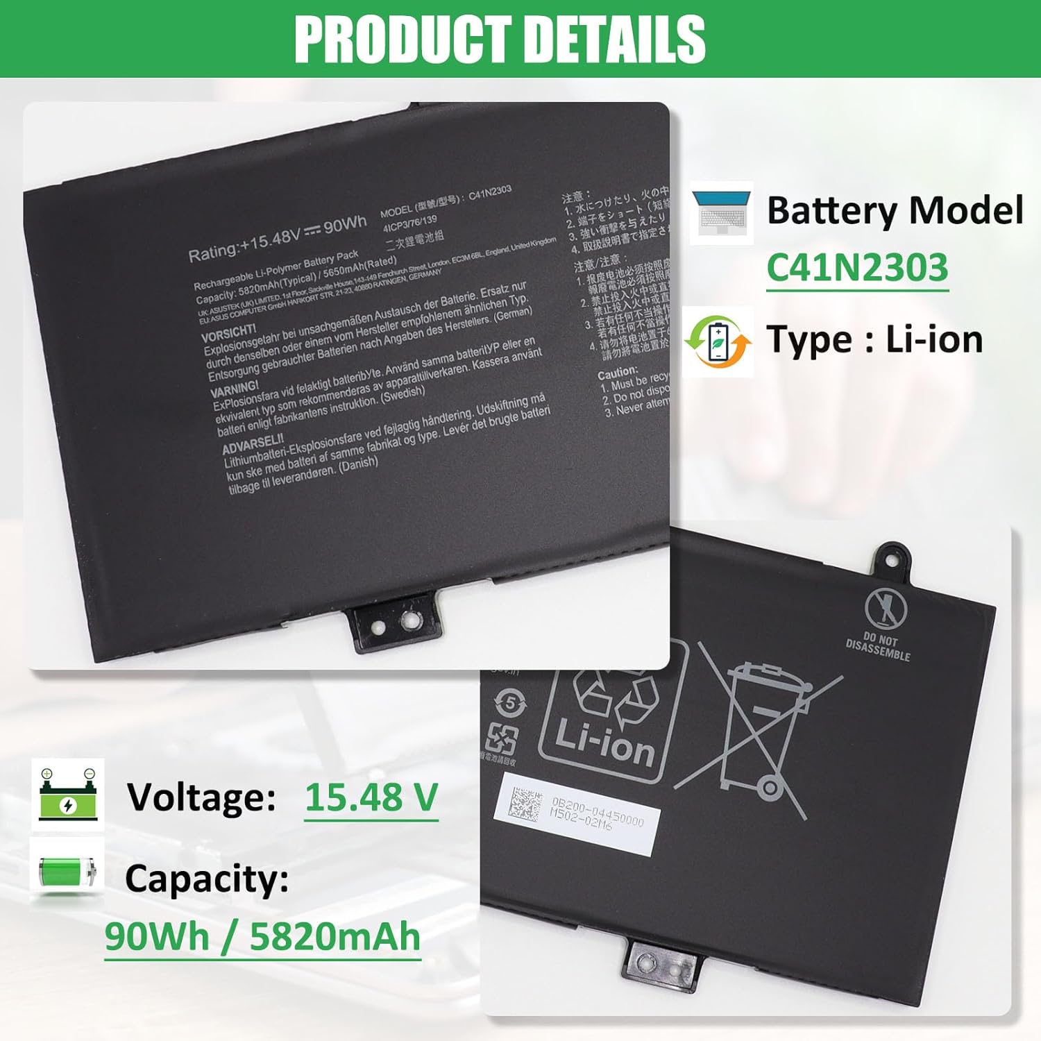 C41N2303 Laptop Battery Replacement for Asus ROG Zephyrus G16 GU605MI GU605MU GU605MV GU605MY GU605MZ TUF Gaming A16 FA608WI FA608WU FA608WV Series Notebook 15.48V 90Wh 5820mAh