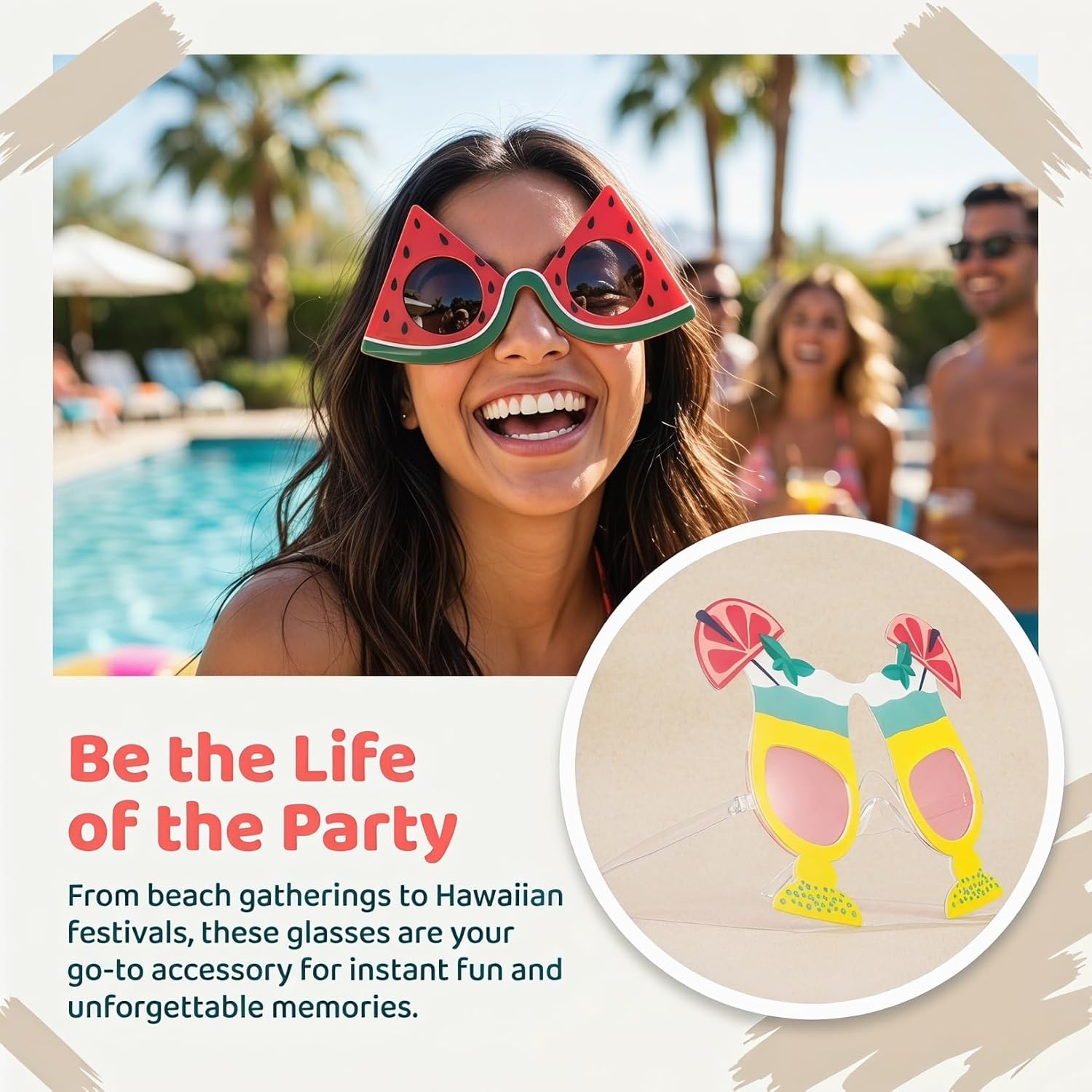 TEHAUX 6 Pack Hawaiian Sunglasses for Adults, Funny Tropical Pineapple Watermelon Novelty Glasses, Summer Beach Luau Party Favors and Photo Booth Props for Women Men (Mixed Styles)