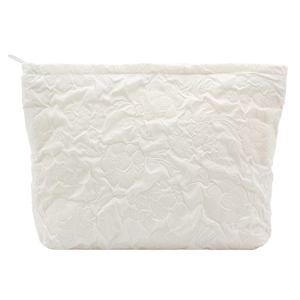 Makeup Bags for Purse Zipper Cosmetic Pouch Large Travel Canvas Make Up Organizer Tool Pouch for Women and Girls,Flower Ivory