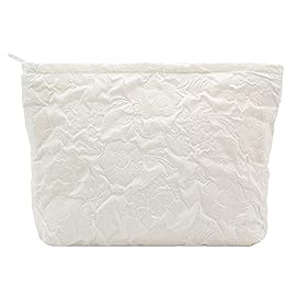 Makeup Bags for Purse Zipper Cosmetic Pouch Large Travel Canvas Make Up Organizer Tool Pouch for Women and Girls,Flower Ivory