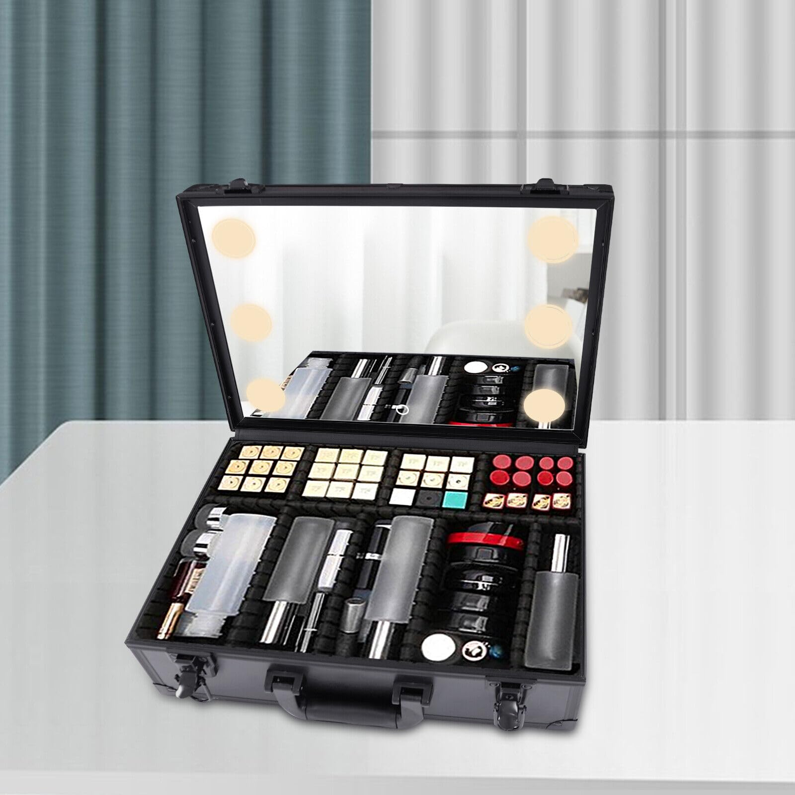 Kosmetik Aufbewahrungsbox Friseur Koffer Tasche Makeup Organizer Case mit 6 LED Lichtern und Spiegel Reise Kosmetik Organizer Tasche für die Aufbewahrung von Kosmetika, Schmuck