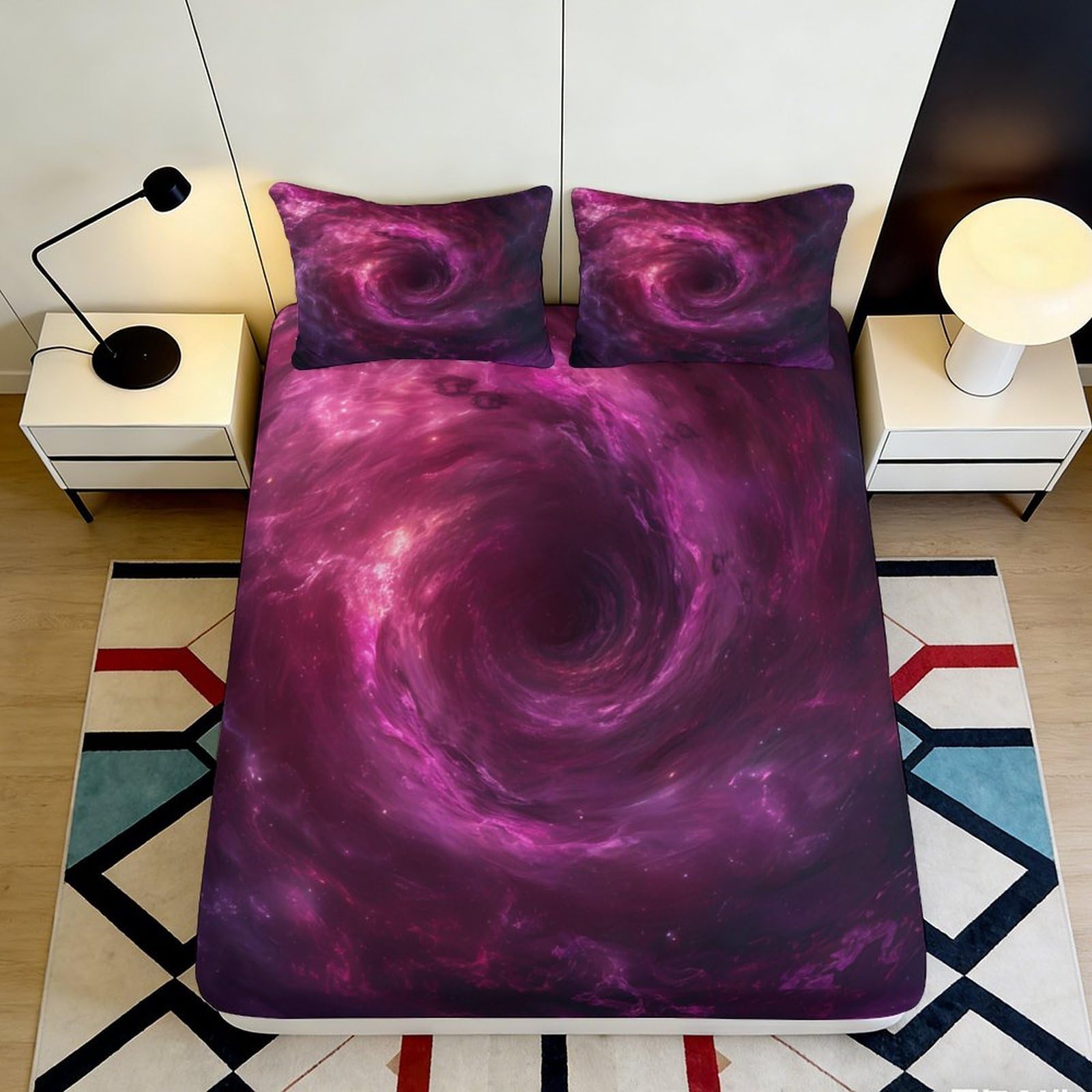 3D Printed Galaxy Starry Sky Fitted Sheet Microfiber Purple Cosmic Nebula Mattress Cover Bedroom Decor Anti-Slip Easy Care 200x200x25cm