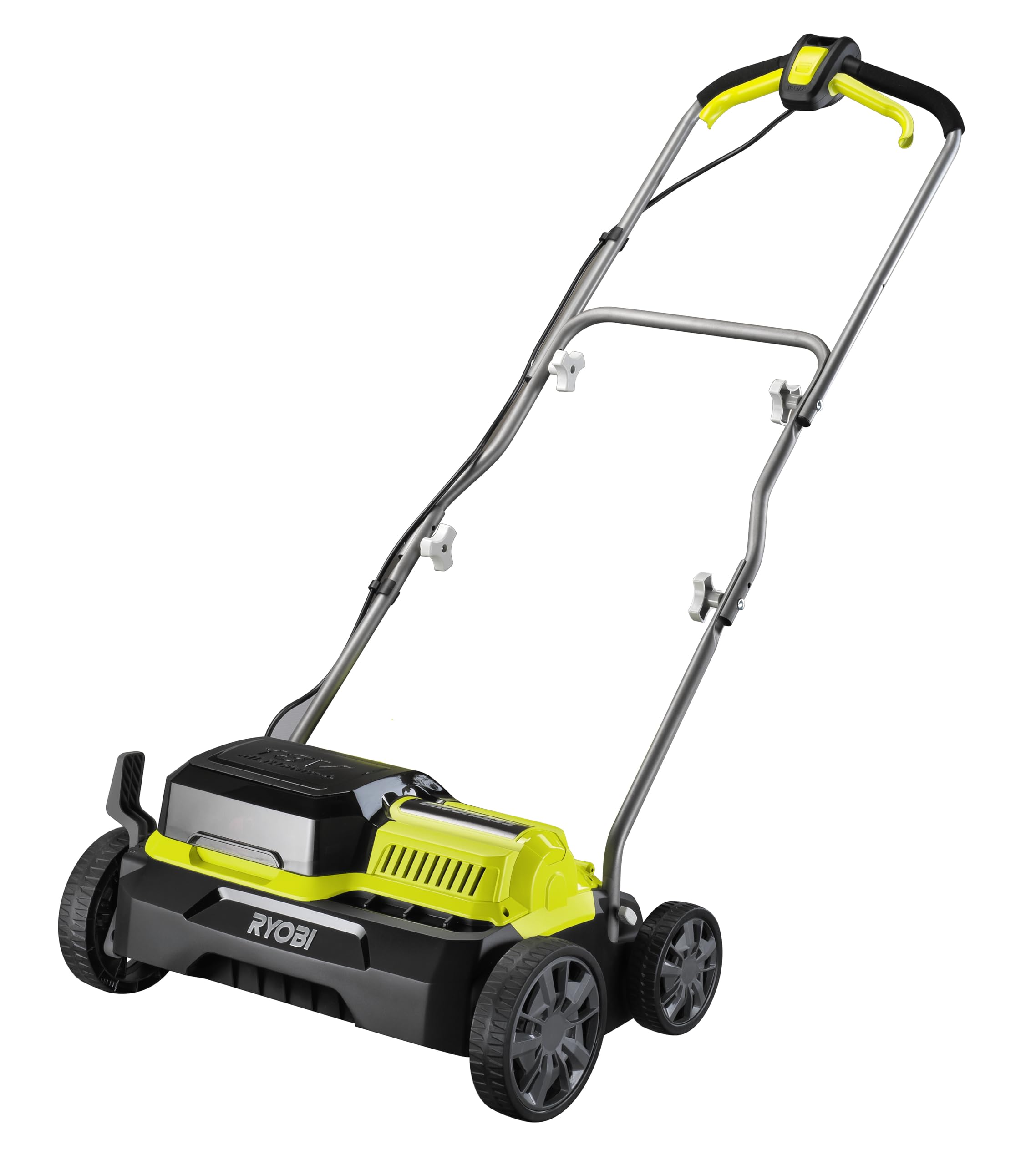 RYOBI - Scarificateur sans Fil 18V One+ RY18SFX35A-​0 – (Alimentation simultanée par 2 Batteries) - Brushless, Largeur 35cm, Poignée Réglable, Entretien Facile de la Pelouse – Batterie Non Incluse