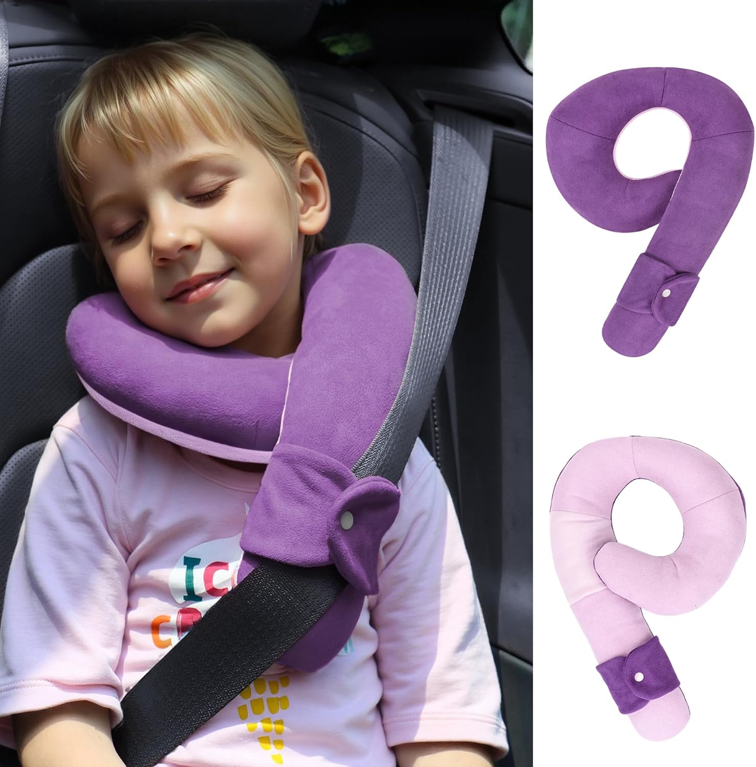 WENRENER Kids Travel Neck Pillow, Soft Kids Travel Pillow for Head, Neck, Chin, Size-Adjustable Toddler Pillow with Comfortable Support in Car Seat, Airplane & Road Trip, Deep Purple & Light Purple