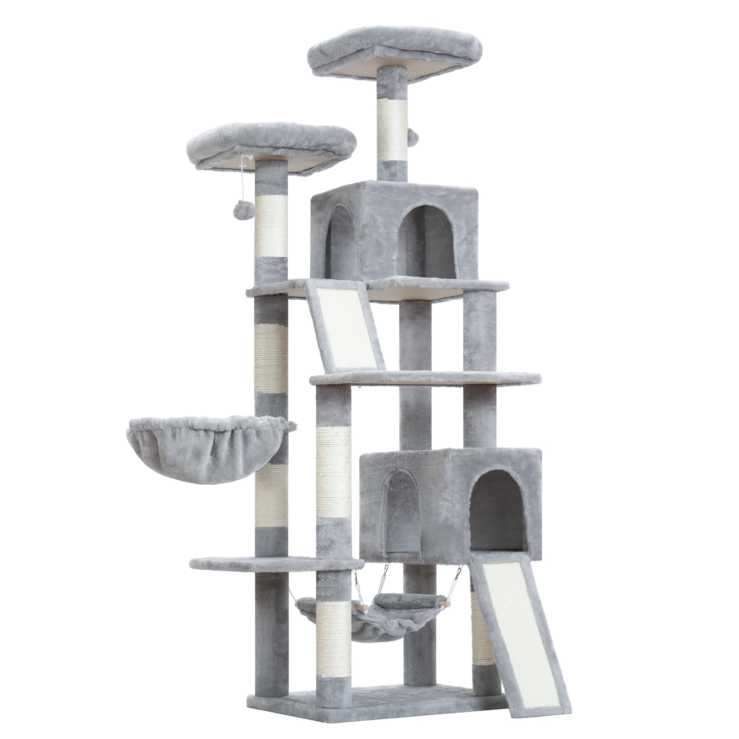 Gitelsnour Arbre à Chat, Tour de Jeux pour Chats de 180cm, Tour à Chat Interieur avec 2 griffoirs, 7 poteaux à griffer, 2 perchoirs, 2 Lits pour Chat en Peluche, hamac, Gris Clair GCT032W