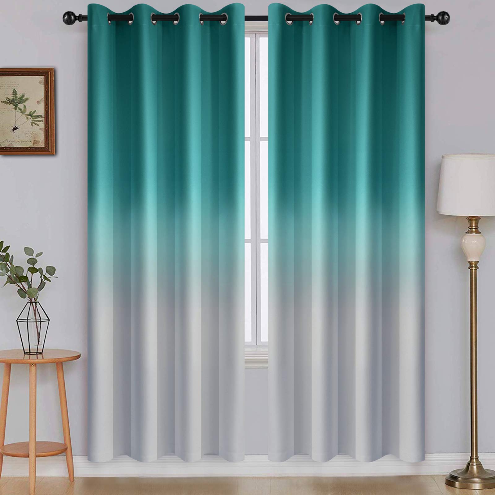 SimpleHome Ombre Room Darkening Curtains for Living Room, Light Blocking Gradient Teal to Grey White Thick Thermal Insulated Grommet Window Curtains/Drapes for Bedroom, 2 Panels, 52x72 inches Length โ image 1