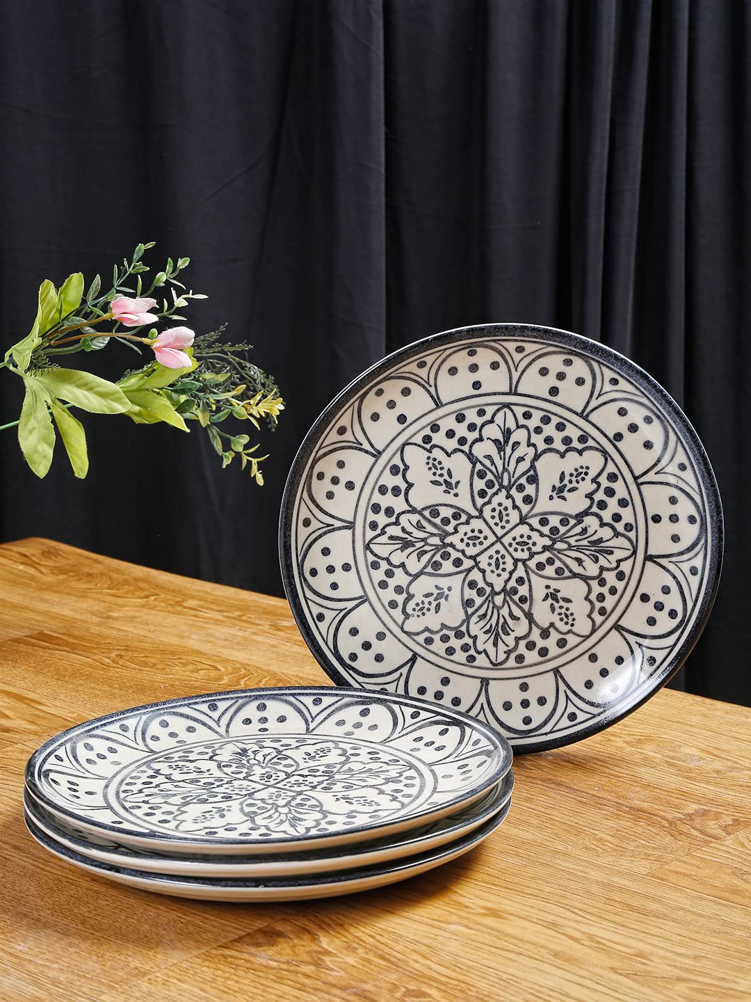 Shilpkara 'Moroccan Bloom' Hand Painted Studio Pottery Ceramic Plates for Dinner (10 Inch, Set of 4, Black) - Ceramic Plates for Dinner Plates Set for Dinner Ceramic Dinner Plates Set
