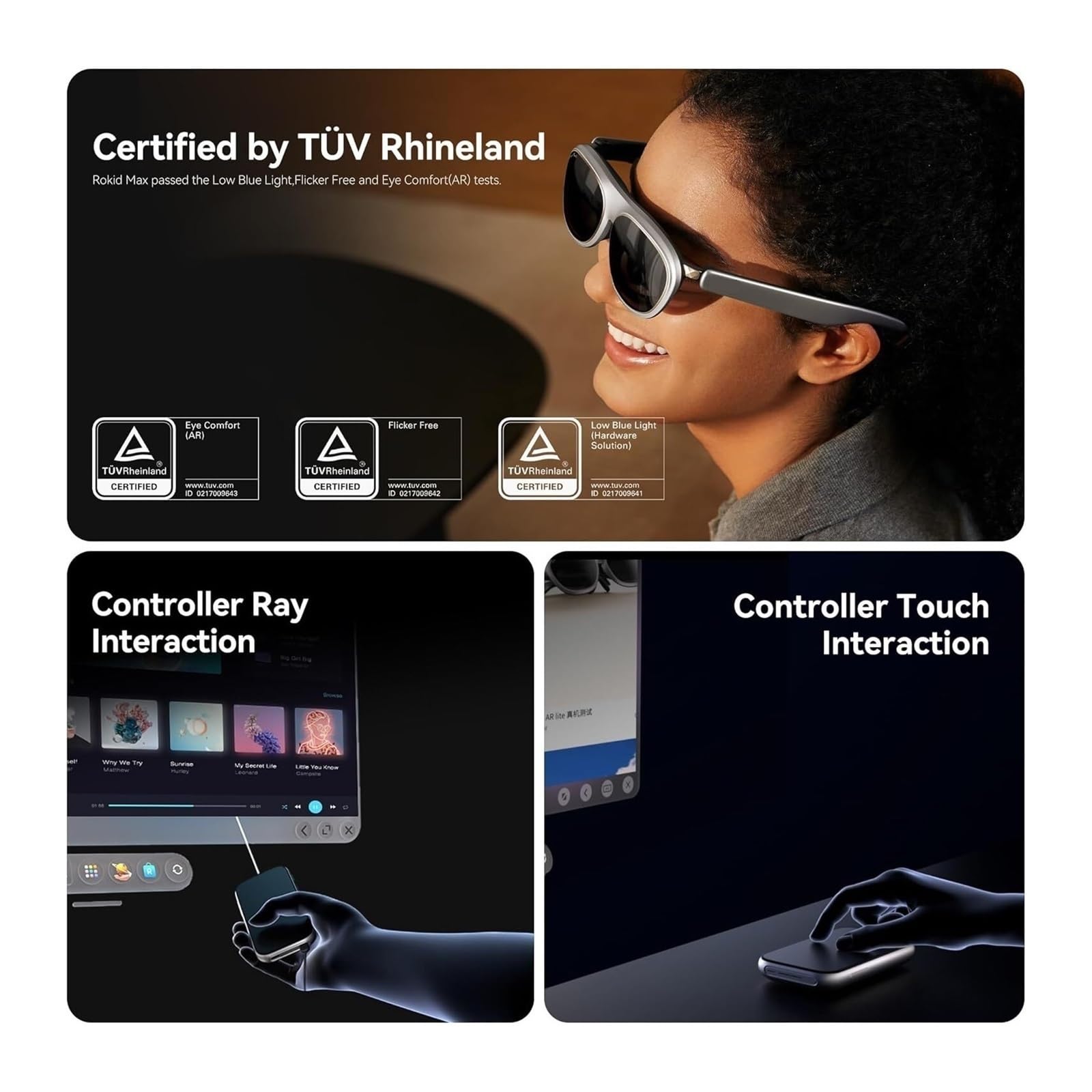 Compatible con Las Gafas de Realidad Aumentada Rokid MAX 2. Pantalla Micro-OLED de 120 Hz. Sistema operativo Espacial YodaOS-Master. Admite Ajuste de miopía y Llamadas de Voz.