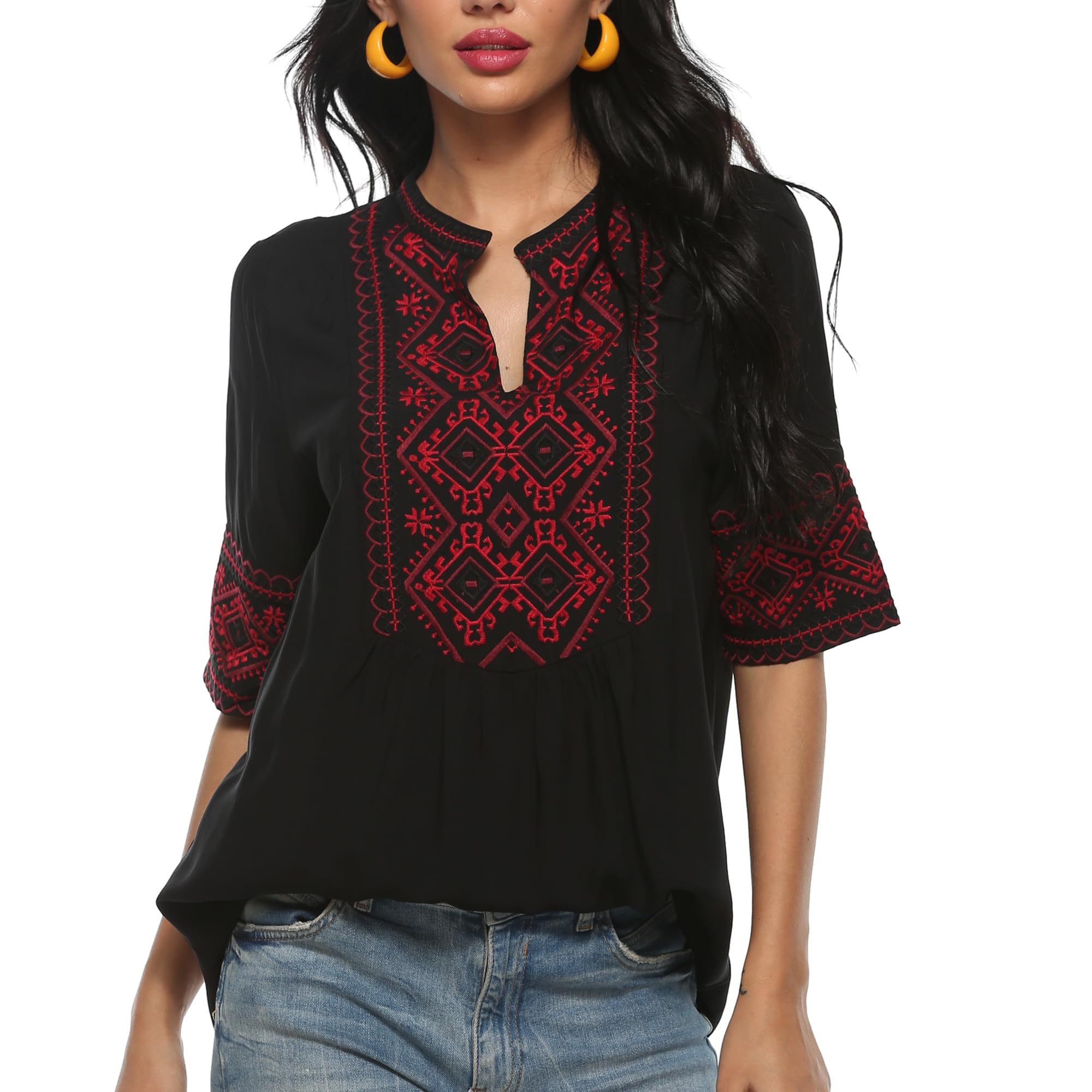 gosiea Women's Summer Embroidery Mexican Bohemian Cotton Tops Shirt Tunic Blouses
