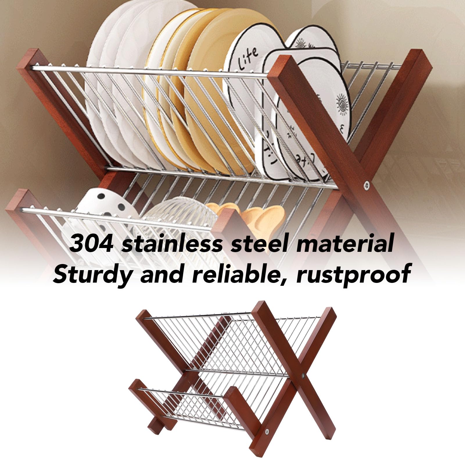 SIXRUN Escurridor de Platos para Encimera de Cocina, Escurridor de Platos de Acero Inoxidable sobre el Fregadero de 2 Niveles Que Ahorra Espacio para Tazones, y Palillos