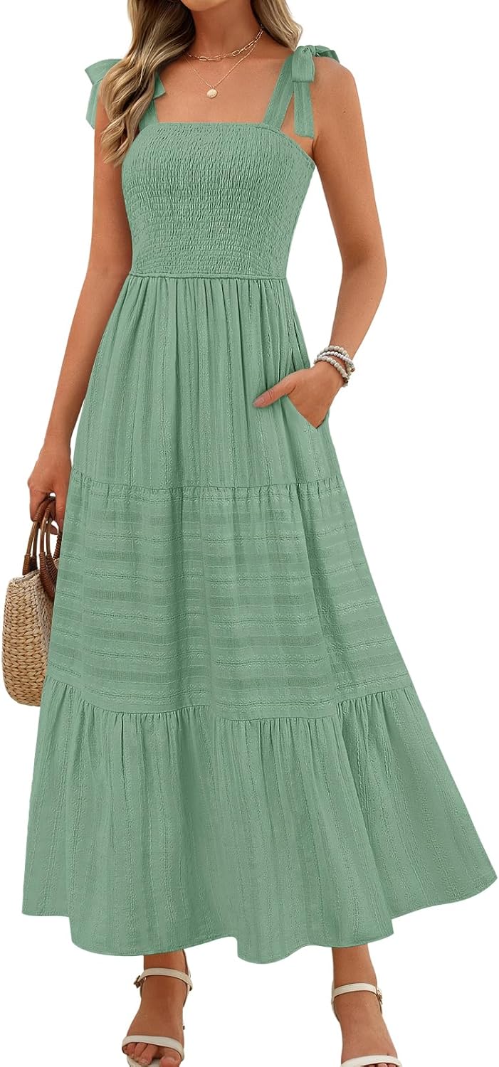 MEROKEETY Women's Summer Boho Maxi Dress Beach Vacation Casual Smocked A Line Sundress with Pockets
