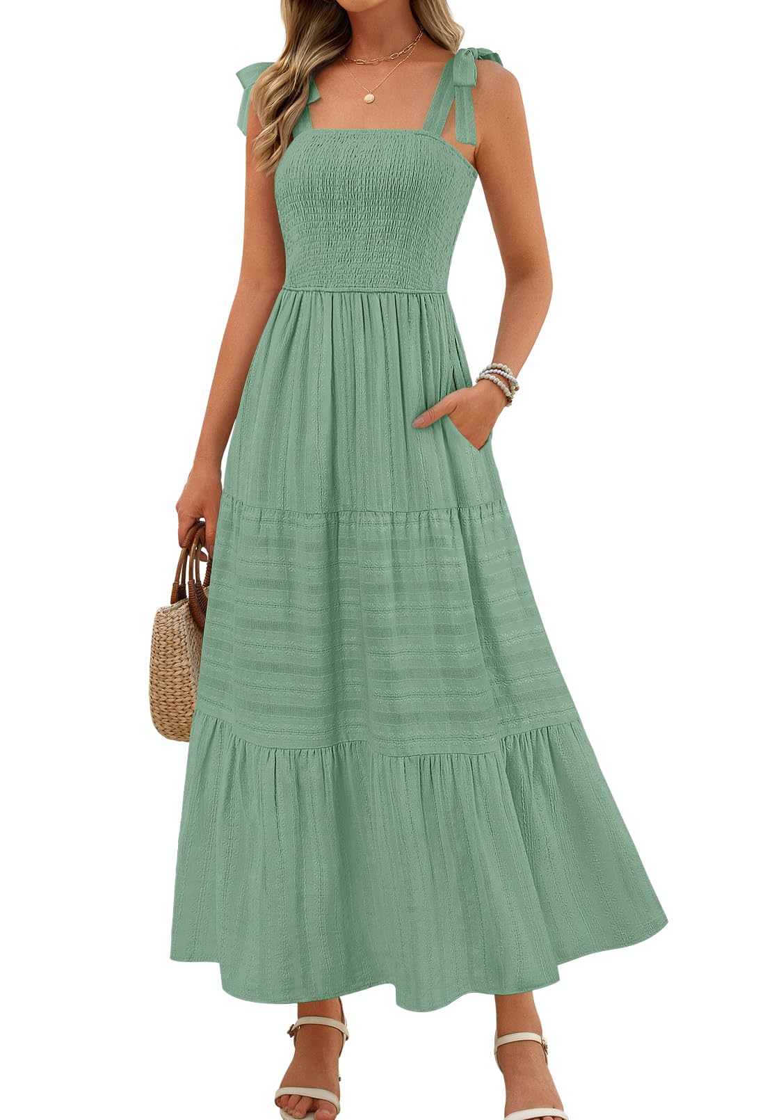 MEROKEETY Women's Summer Boho Maxi Dress Beach Vacation Casual Smocked A Line Sundress with Pockets