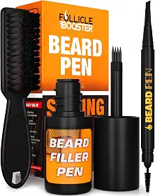 FOLLICLE BOOSTER Kit de modelador de caneta de barba para homens – Preto – Conjunto completo 3 em 1 com garfo patenteado de 4 pontas, caneta normal e escova para pentear – impermeável, à prova de suor