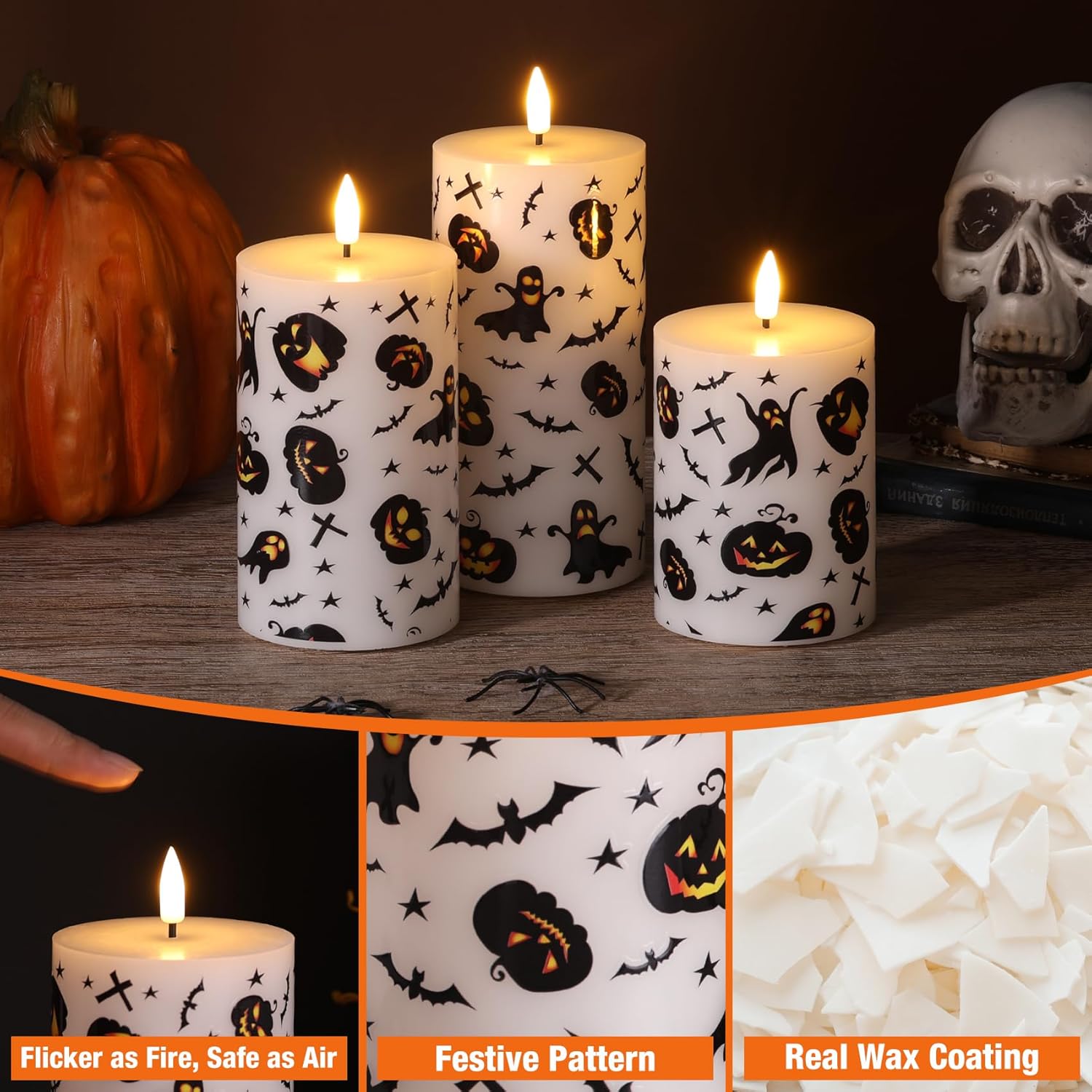 Halloween Flameless Pillar Candles with Remote, Flickering Spooky LED Wax Candles Battery Operated Set of 3
