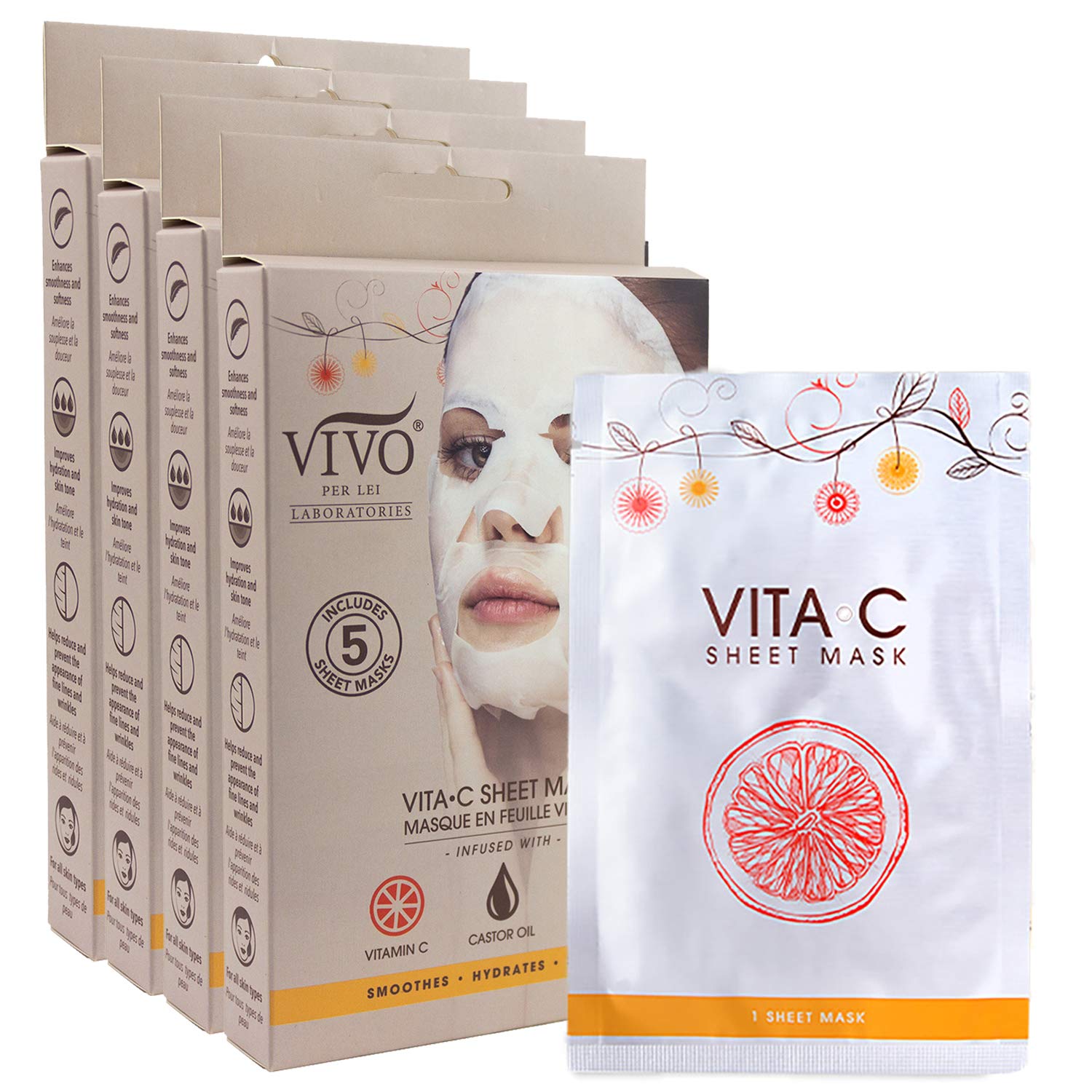 Vivo Per Lei Vitamin C Sheet Mask - Vitamin C Sheet Mask for Anti Aging - Collagen - Vitamin C Mask For Healthy Skin from (4 Pack)