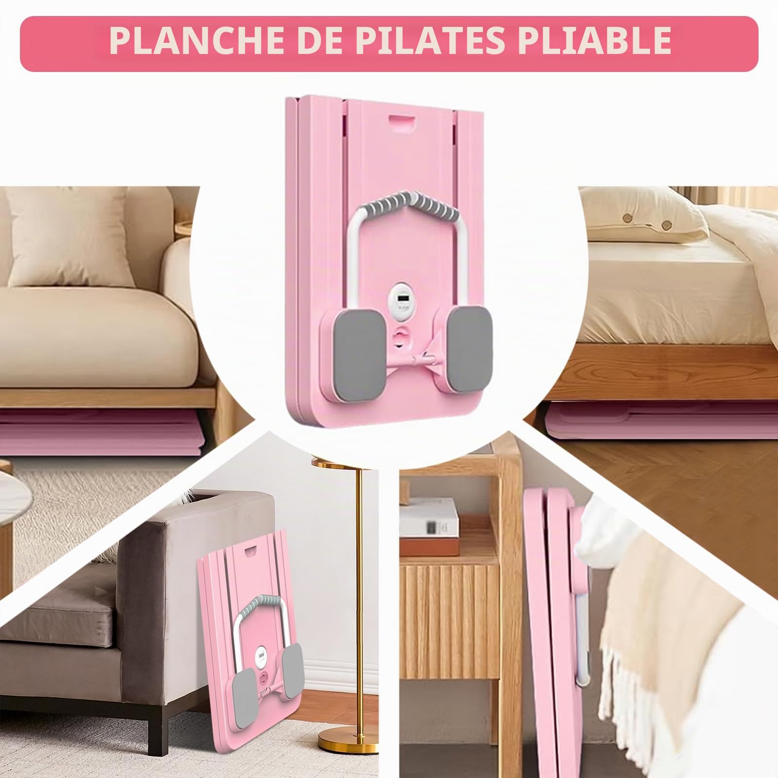 Pilates Reformer Compact, 5 en 1 Pilates Pliable,La Roue Abdominale Push-up rebondit automatiquement Minuterie, AB Roller Fitness Materiel pour la Maison et la Salle de Sport（Rose）
