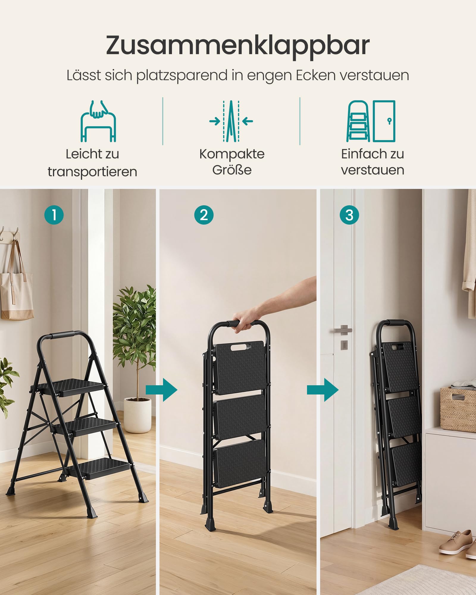 SONGMICS Trittleiter Stahl, Leiter 3 Stufen klappbar, Klappleiter belastbar bis 150 kg, Tritthocker für Haushalt, Büro und Garten, 73 x 46,5 x 102,5 cm, schwarz GSL203BZ01