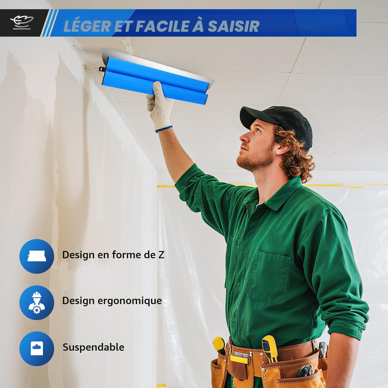 Spatule Enduit Lissage Set, comprenant 5 grattoirs de surface (190 mm demi-lune 250 mm 400 mm 600 mm 800 mm) avec lames de rechange 2 grattoirs à main tige télescopique en aluminium (Bleu)