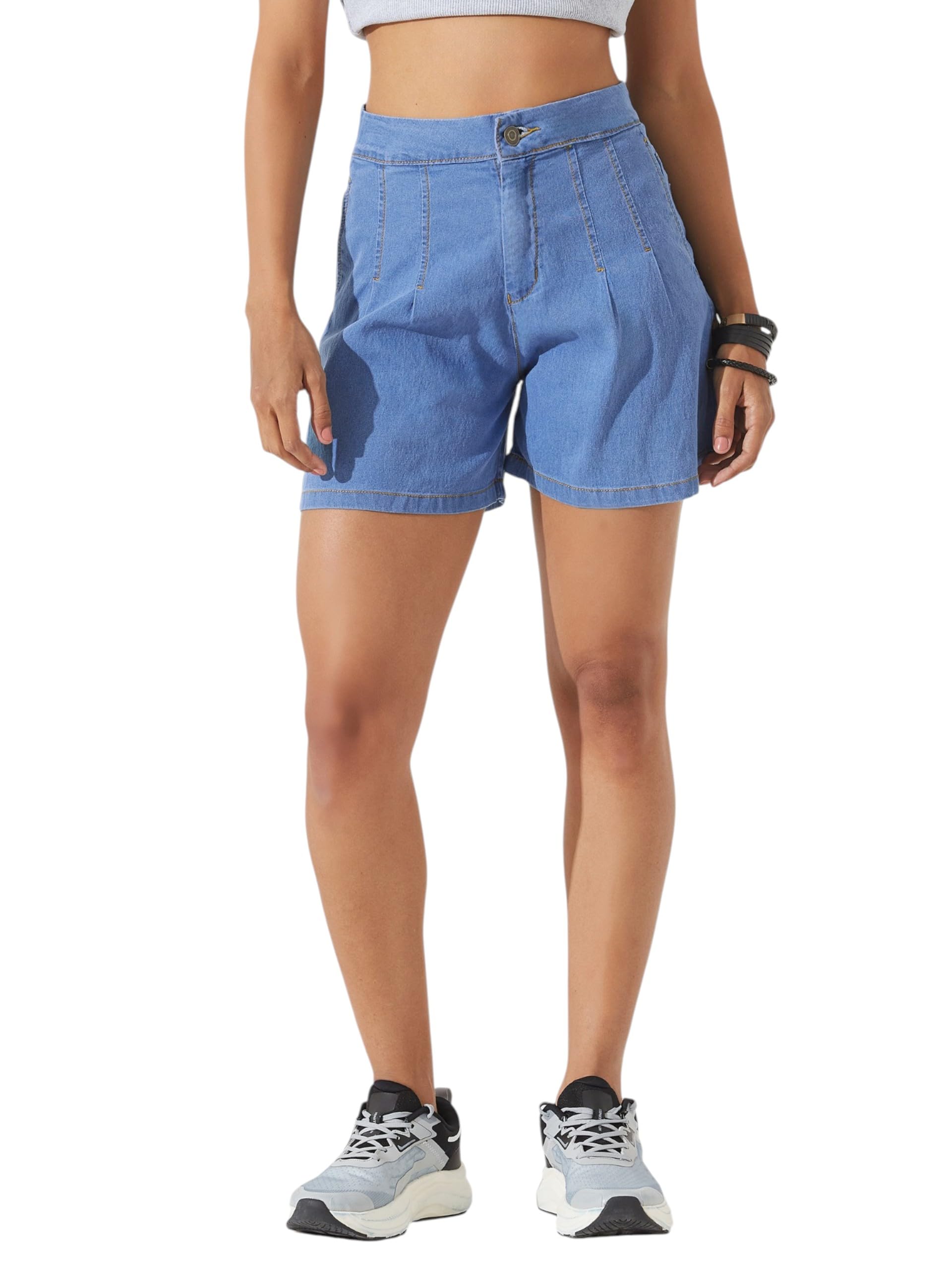 Women's Flared High-Rise Regular-Length Stretchable Special Light-Weight Denim Shorts-image-1