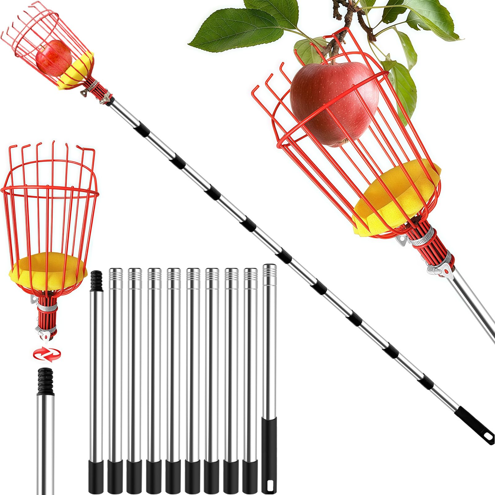 4.3M Fruit Picker, Apple Picker with Telescopic Handle, Fruit Picker Tool with Lightweight Stainless Steel Connecting Pole and Basket, Fruit Grabber Easy to Assemble, Tree Picker for Orange Lemon Etc