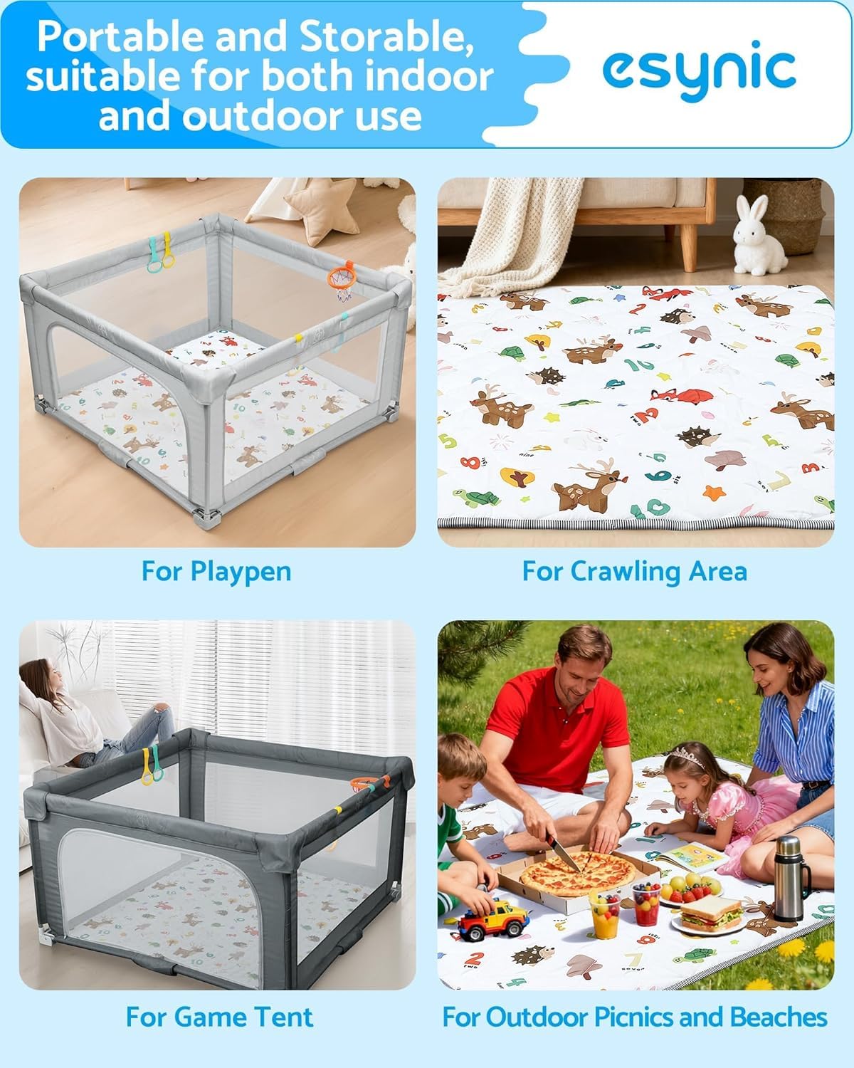 eSynic Foldable Baby Play Mat 150×150cm Sichere Krabbelmatte Rutschfeste Krabbelmatte für Babys 6-12 Monate & Kleinkinder Waschbar & Tragbar Spielmatte mit Tier-& Zahlenmotiven Indoor & Outdoor