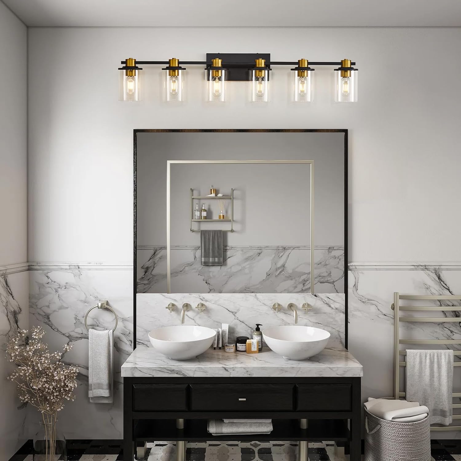 Bathroom Vanity Light, 6 Light Black and Gold Bathroom Light Fixtures, Sconces Wall Lighting with Clear Glass Shade, Modern Brushed Gold Vanity Lighting fixtures for Bathroom, Bedroom, Hallway
